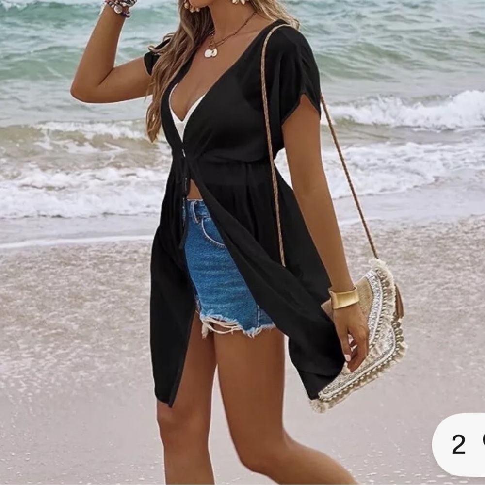 Kimono style Beach Sleeveless Black Soot Cover Up small